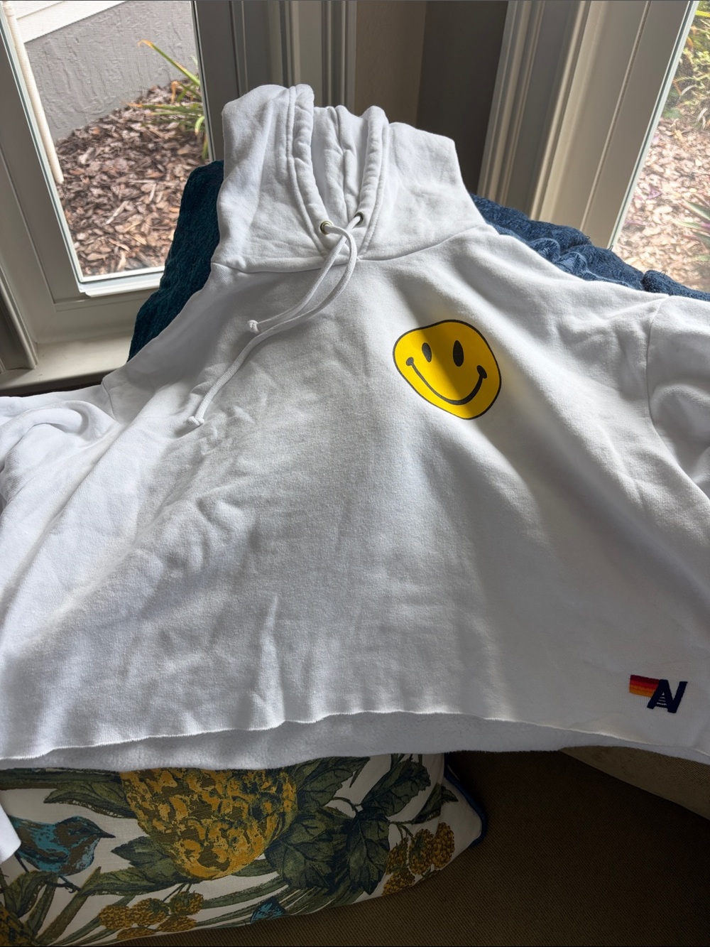 Aviator Nation White Cropped Hoodie and pants with Yellow Smiley Chest Graphic